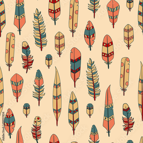 Vector Hand Drawn Seamless Patterns with Feathers / Background with Colored Abstract Feathers