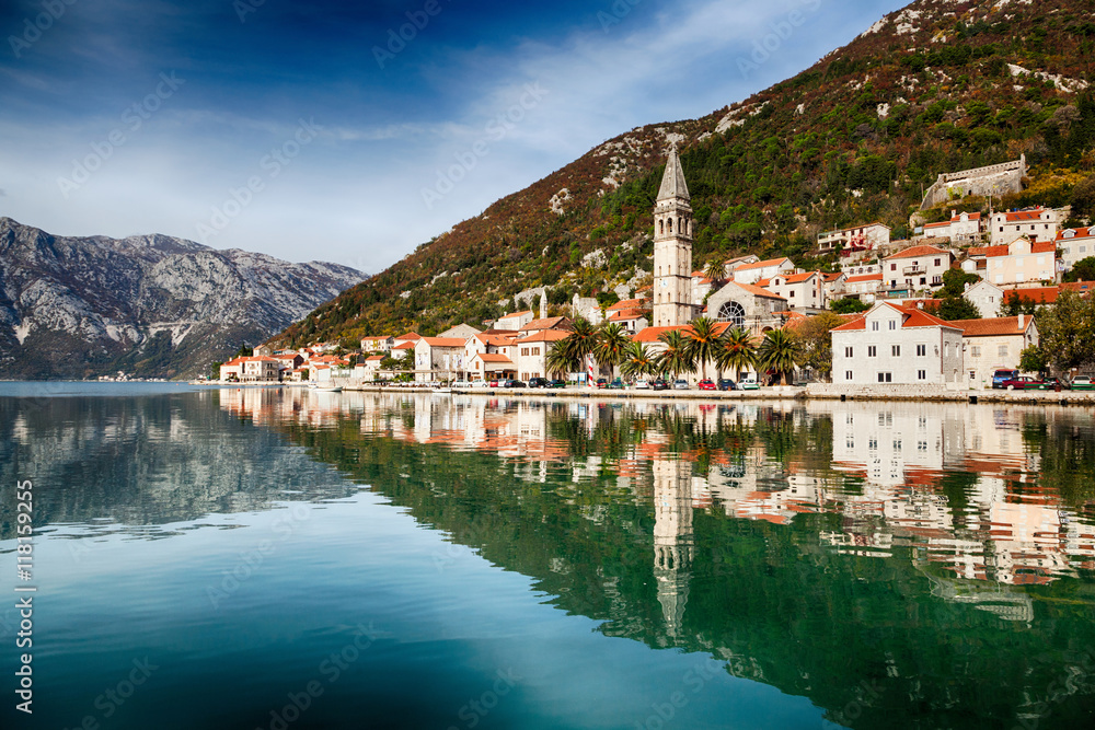 Nice view of the town of Perast, Montenegro and bay