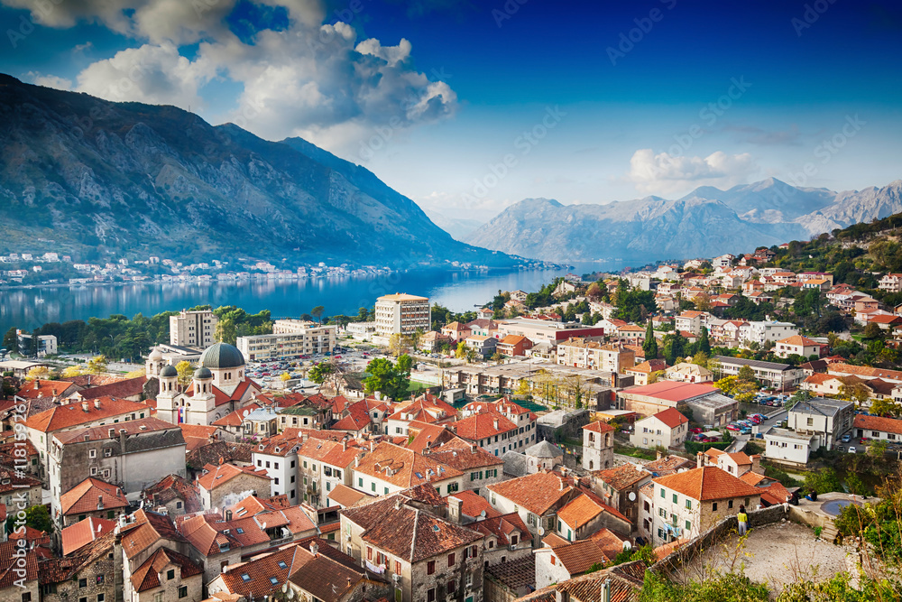 Nice view of the town of Kotor, Montenegro, and the bay