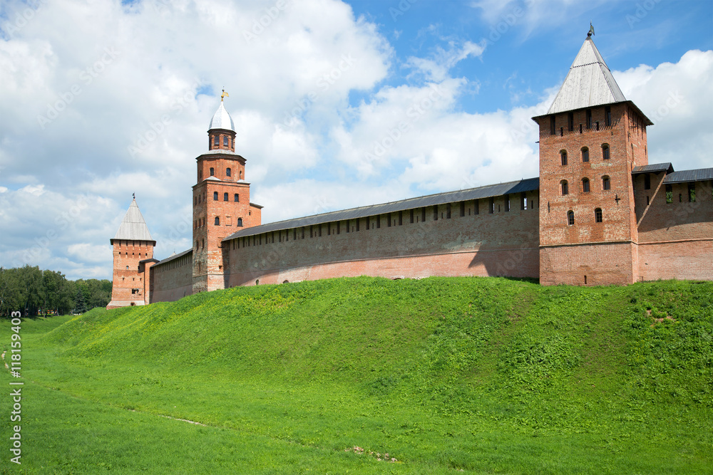 Three medieval towers of the Novgorod Kremlin in sunny day in july. Veliky Novgorod, Russia