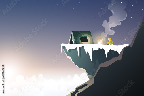 mountaineer camping on high mountain when sunset and snowing