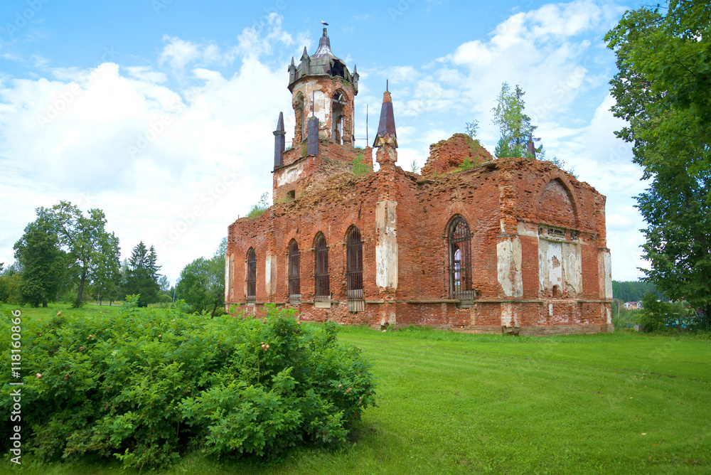 The ruins of the Orthodox Church of the Kazan icon of the mother of God in the village Andrianovo, Leningrad region, Russia