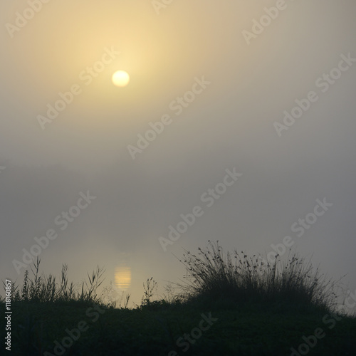 Sunrise on Lake with Dense Fog