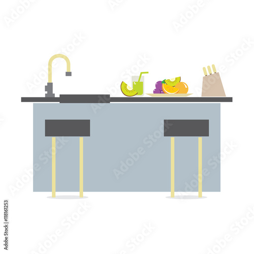 Flat Design Island Kitchen Interior Design Vector Illustration