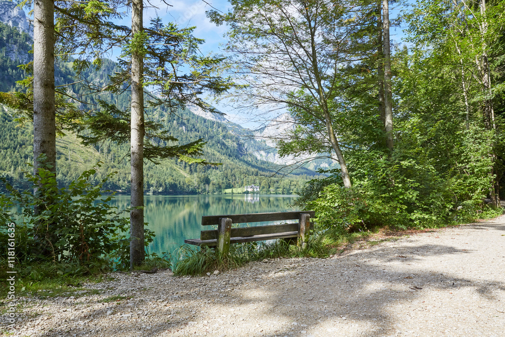 Old bench at lake Vorder Langbathsee in Austria Old bench at lake Vorder Langbathsee in Austria