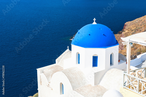 Church with blue domes in Santorini island, Greece