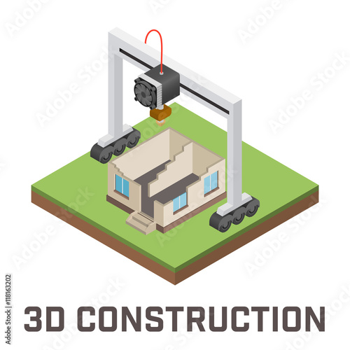 Industrial 3D printer prints a house concept. Isometric vector illustration