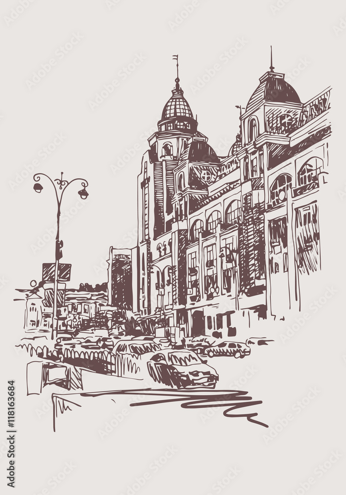 original sepia digital sketch of Kyiv, Ukraine town landscape, p