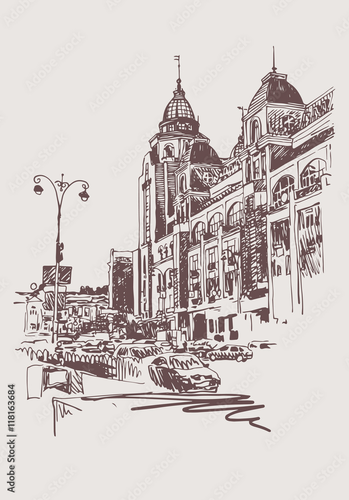 Fototapeta premium original sepia digital sketch of Kyiv, Ukraine town landscape, p