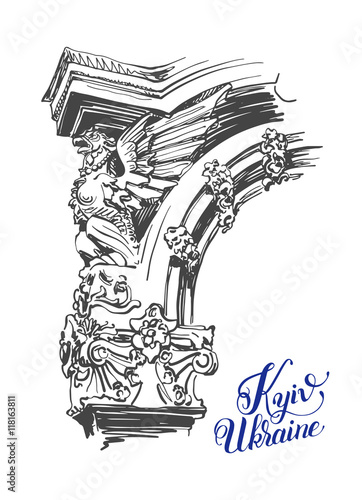 digital sketch drawing of building sculpture element mifology gr