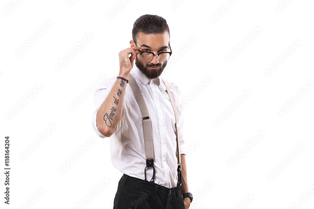 Portrait of handsome man in glasses posing for photographer in s Portrait of handsome man in glasses posing for photographer in s
