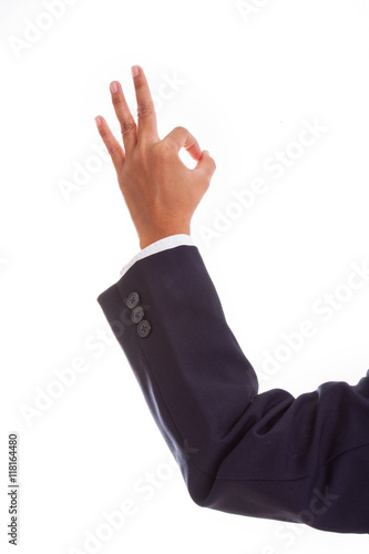 Hand OK sign on white background. 