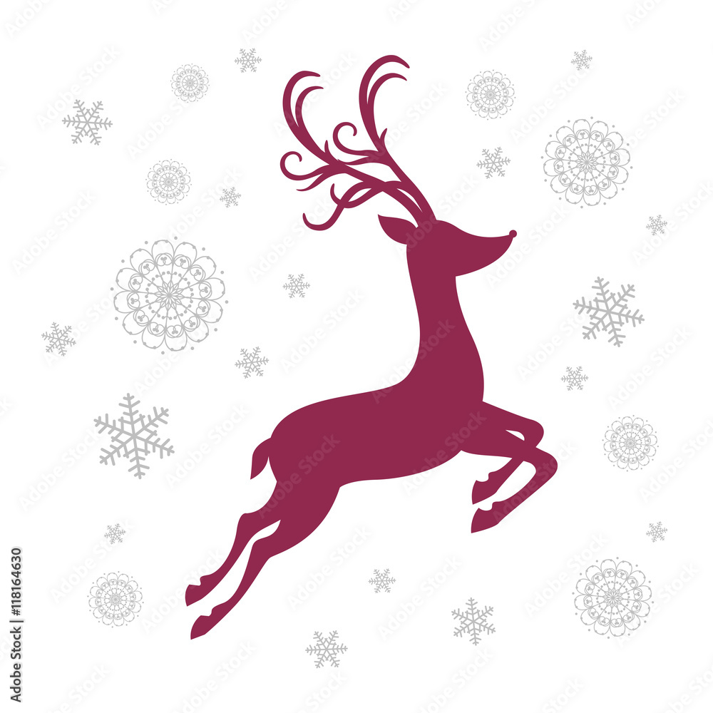 Vector Illustration of a Christmas Greeting Card with Reindeer Silhouette