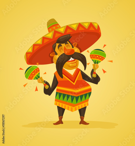 Mexican man character with maracas. Vector flat cartoon illustration
