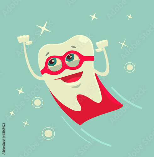 Superhero tooth character. Vector flat cartoon illustration