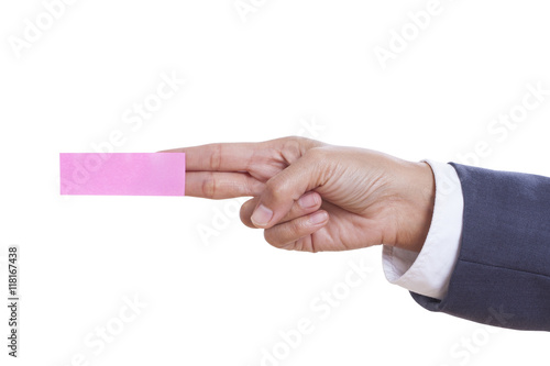 Businessman hand holding sticky note, isolated on white. with using path