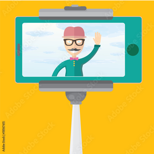 Taking Selfie Photo on Smart Phone with monopod