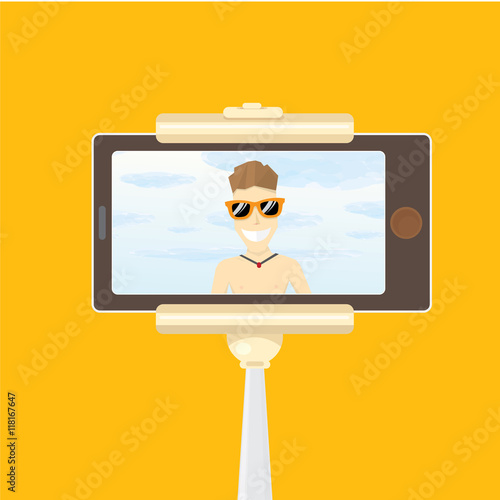 Taking Selfie Photo on Smart Phone with monopod