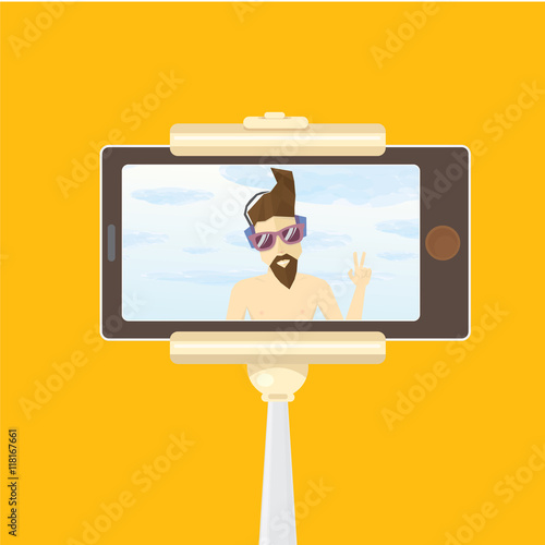 Taking Selfie Photo on Smart Phone with monopod