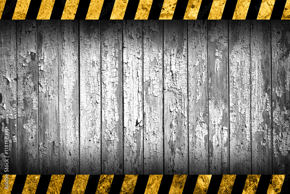 Grunge grey wood background with black and yellow warning stripes Stock ...