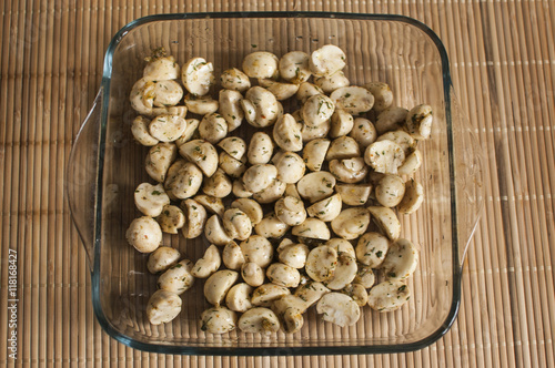seasoned baked sliced mushrooms in the dish