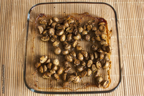 seasoned baked sliced mushrooms in the dish