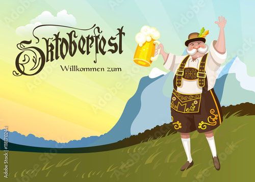 Oktoberfest. Funny German landscape in national costume with a b