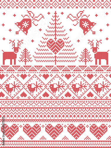 Scandinavian style and Nordic culture inspired Christmas,  festive winter seamless pattern in cross stitch style with bells, trees , snowflakes, birds, stars, reindeer, hearts, decorative ornaments 
