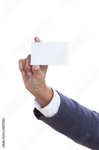 Businessman showing and handing a blank business card, isolated on white background. with using path
