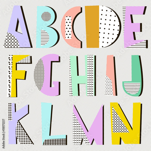 Modern alphabet in geometric memphis style. Trendy retro style type. Vector Illustration