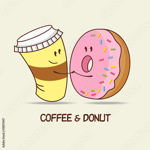 A Cup of coffee and a donut, love forever. Coffee and donut hug.