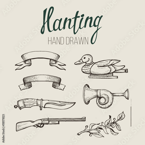Hunting. Hand drawn. Hunting accessories. photo