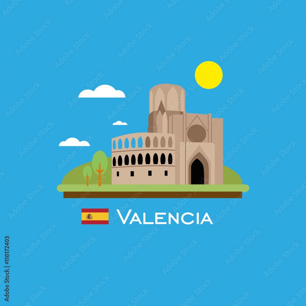 Valencia badge infographic with ancient monument in Spain. Flat style.