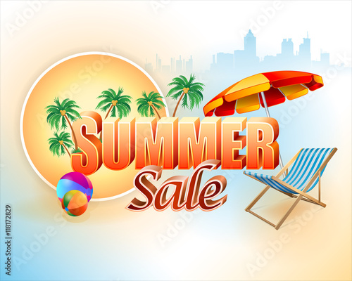 Abstract design background with sunny sky, sun bed and stylized 3d text for summer, season sale, commercial event