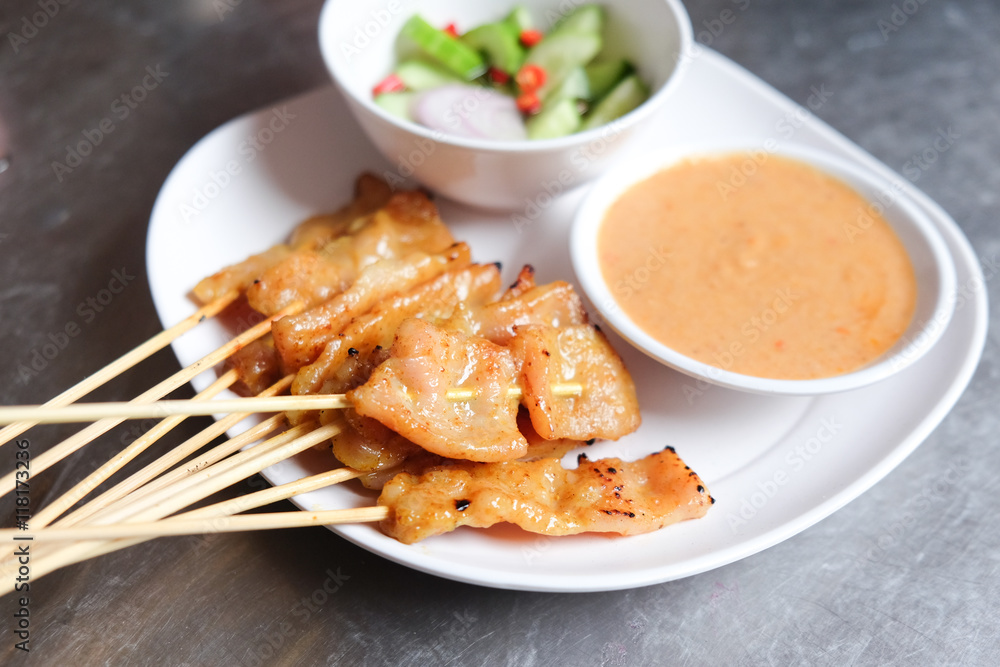 Pork satay,Grilled pork served with peanut sauce Pork satay,Grilled pork served with peanut sauce