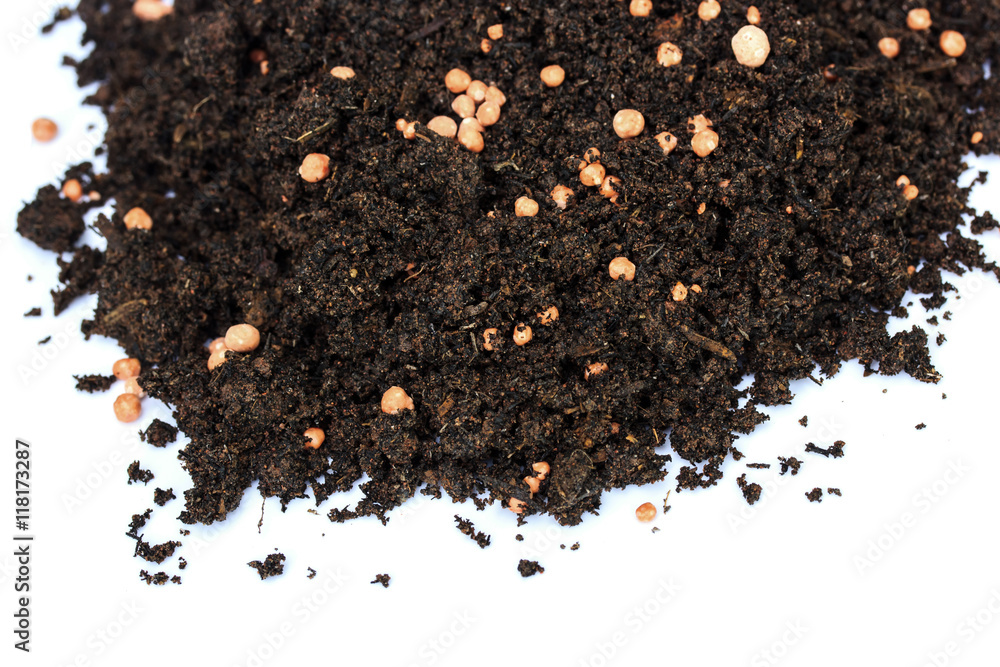 Heap of black soil and Chemical fertilizer on white background Heap of black soil and Chemical fertilizer on white background