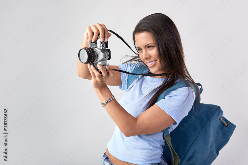 young woman hobby photographer holding a camera young woman hobby photographer holding a camera