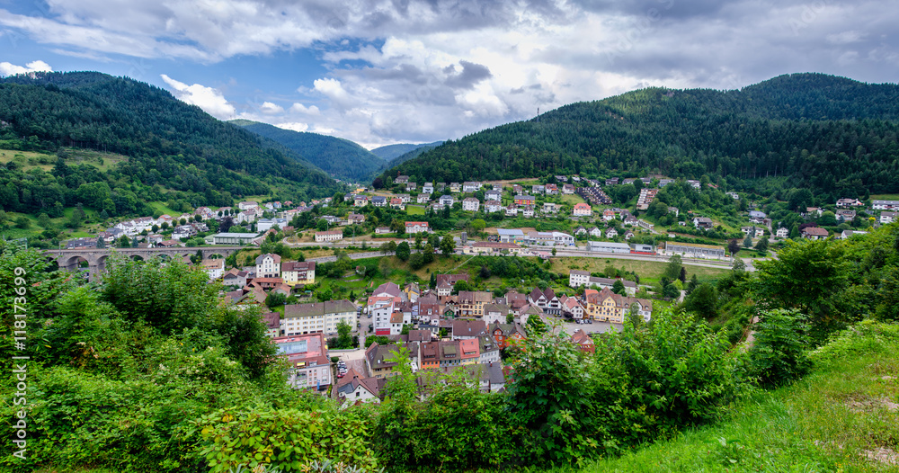 Panoramic view on Hornberg city in valley of Black forest mountains, Baden Wurttemberg land, Germany