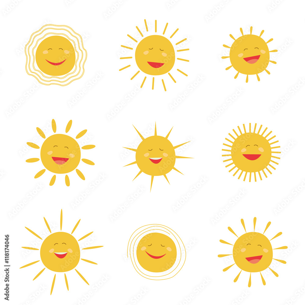 Fototapeta premium Set sun character smiling and shining. Vector icons collection.