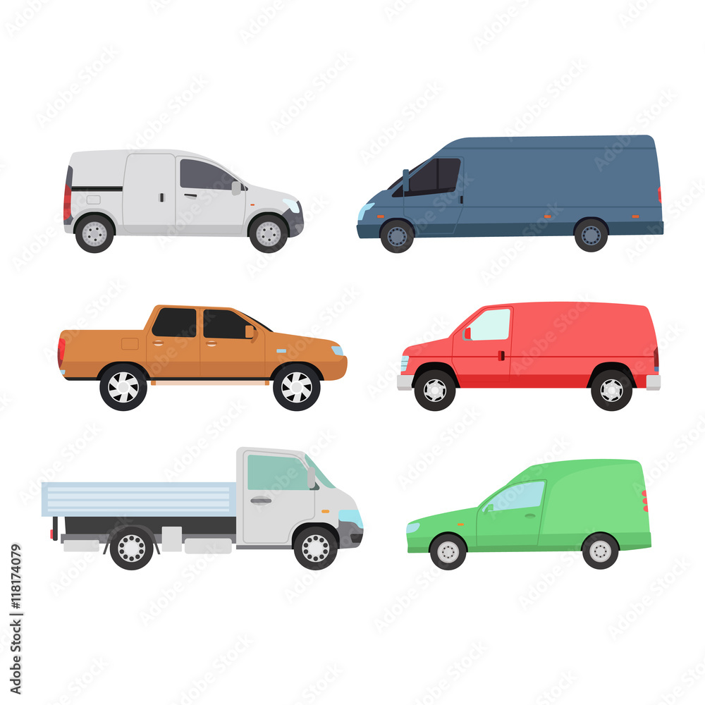 Different car vehicle transport type design sign technology vector. Generic car different design flat vector illustration isolated on white. Pickup, sedan, bus or truck van and other car vehicle