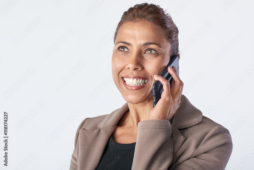 Mixed race woman with mobile cell phone sales support Mixed race woman with mobile cell phone sales support