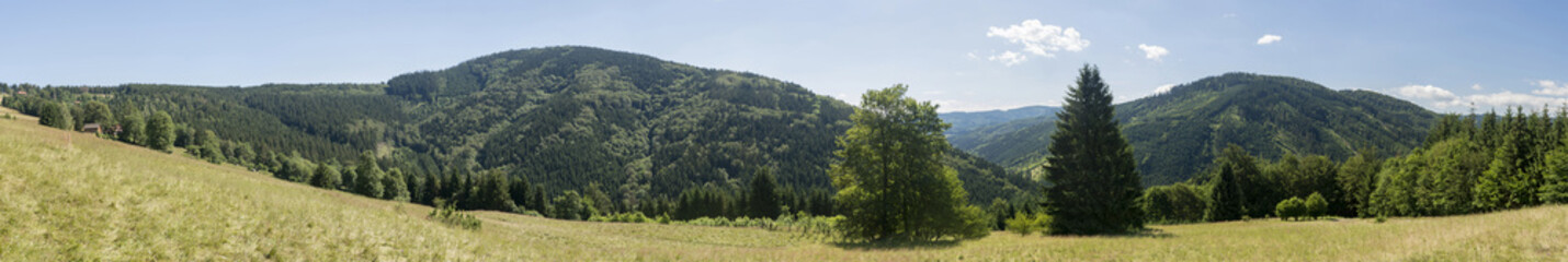 Fotobehang Heuvel Panorama van bosrijke heuvels en weide  © lapis2380