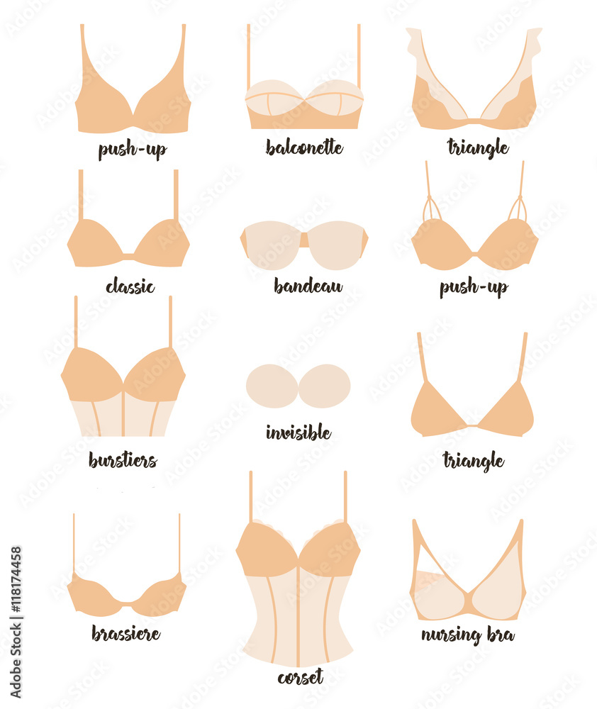 Vetor de Set with ladies underwear. Different types of bras vector icons do  Stock