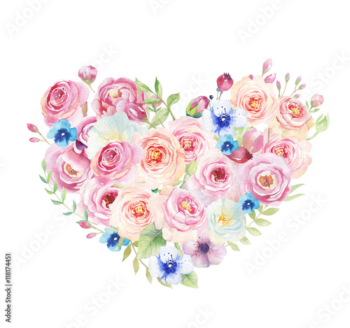 Watercolor vintage floral piony heart bouquet. Boho spring flowe