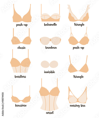Vetor de Set with ladies underwear. Different types of bras vector icons do  Stock