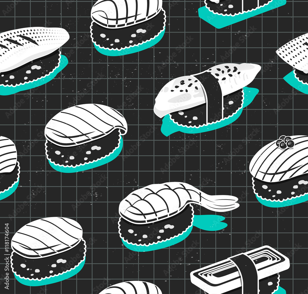 Nigiri sushi vector seamless pattern. Japanese food cover in vintage sketch style. Nigiri sushi vector seamless pattern. Japanese food cover in vintage sketch style.
