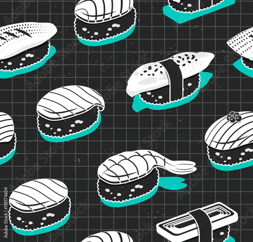 Nigiri sushi vector seamless pattern. Japanese food cover in vintage sketch style.