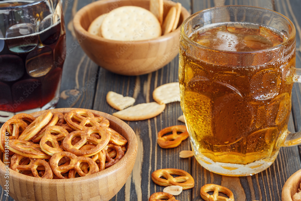 Beer with Pretzels, Crackers and Nuts. Beer with Pretzels, Crackers and Nuts.