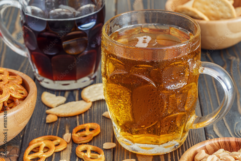Beer with Pretzels, Crackers and Nuts. Beer with Pretzels, Crackers and Nuts.