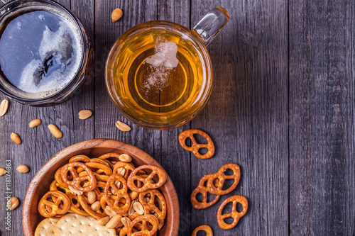 Beer with Pretzels, Crackers and Nuts.